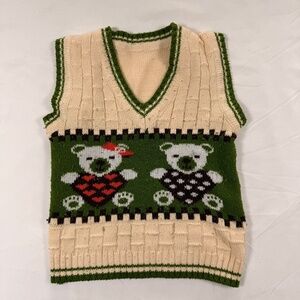 intage Teddy Bear Intarsia Knit Sweater Vest Green Cream 2t